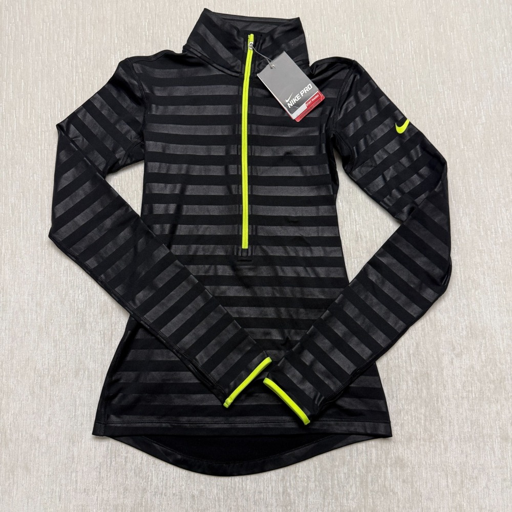 Nike Dri-Fit Pro Hyperwarm Base Layer Shirt 1/4 Zip Womens XS Black Thermal Neon